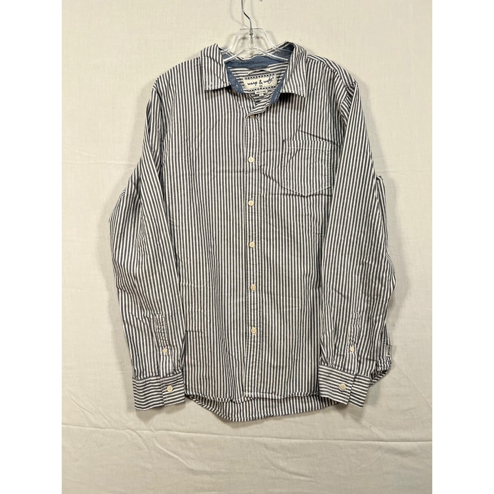 Warp & Weft Blue White Striped 100% Cotton Button Down Shirt Large